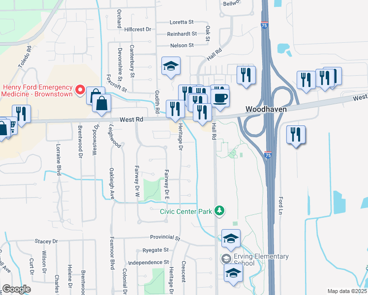 map of restaurants, bars, coffee shops, grocery stores, and more near 23251 Heritage Drive in Woodhaven