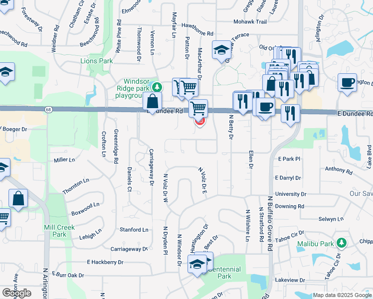 map of restaurants, bars, coffee shops, grocery stores, and more near 1015 Brentwood Circle in Buffalo Grove