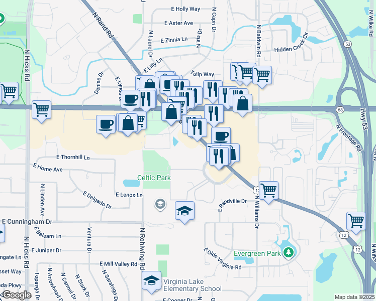 map of restaurants, bars, coffee shops, grocery stores, and more near 1523 North Winslowe Drive in Palatine