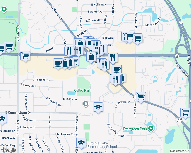 map of restaurants, bars, coffee shops, grocery stores, and more near 1561 North Winslowe Drive in Palatine