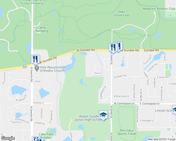 map of restaurants, bars, coffee shops, grocery stores, and more near 1445 Driftwood Avenue in Palatine