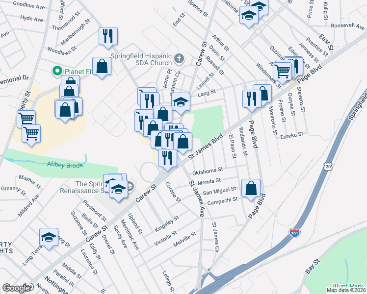 map of restaurants, bars, coffee shops, grocery stores, and more near 20 Detroit Street in Springfield