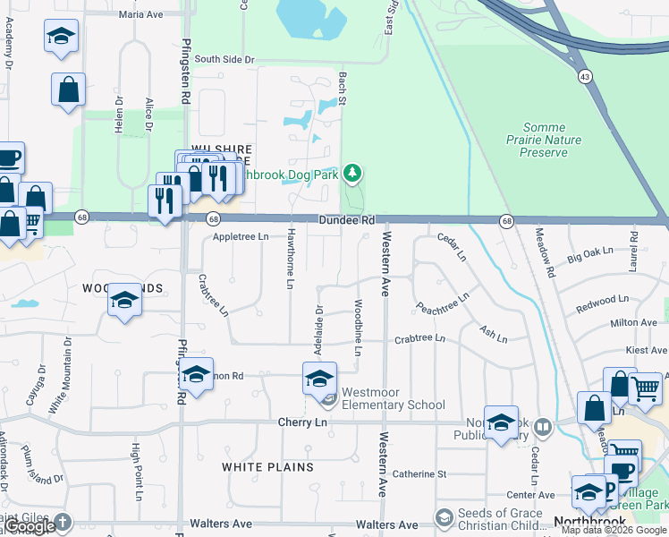 map of restaurants, bars, coffee shops, grocery stores, and more near 848 Bach Street in Northbrook