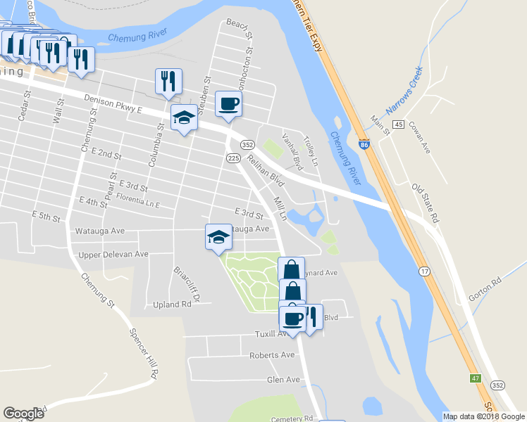 map of restaurants, bars, coffee shops, grocery stores, and more near 231 Park Avenue in Corning
