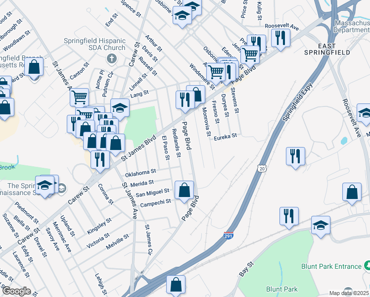 map of restaurants, bars, coffee shops, grocery stores, and more near 406 Page Boulevard in Springfield