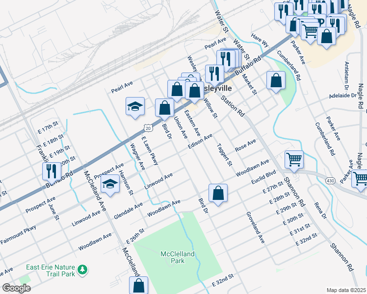 map of restaurants, bars, coffee shops, grocery stores, and more near 2714 Edison Avenue in Erie