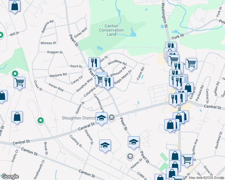 map of restaurants, bars, coffee shops, grocery stores, and more near 440 Pearl Street in Stoughton