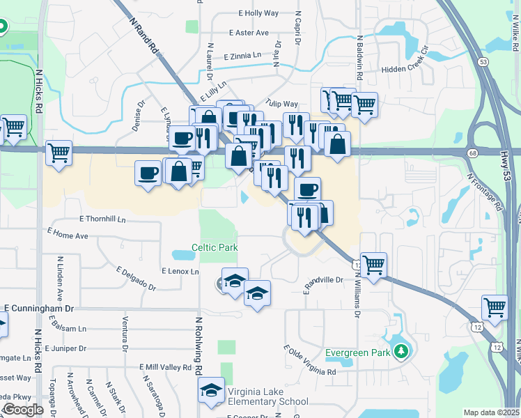 map of restaurants, bars, coffee shops, grocery stores, and more near 1523 North Winslowe Drive in Palatine