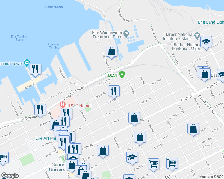 map of restaurants, bars, coffee shops, grocery stores, and more near 201 Parade Street in Erie