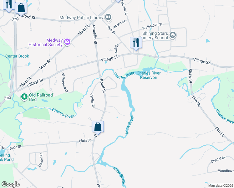 map of restaurants, bars, coffee shops, grocery stores, and more near 14 Island Road in Franklin