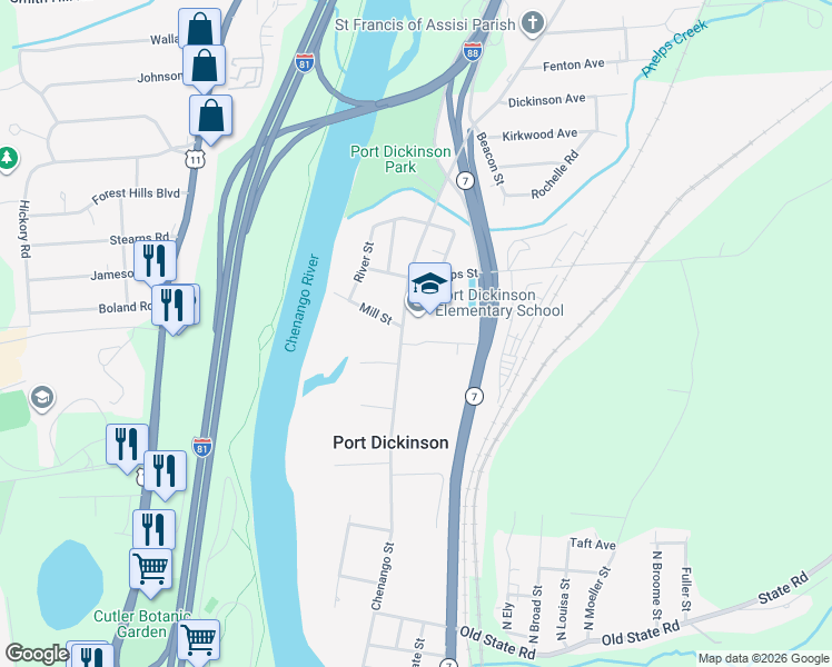 map of restaurants, bars, coffee shops, grocery stores, and more near 766 Chenango St in Binghamton