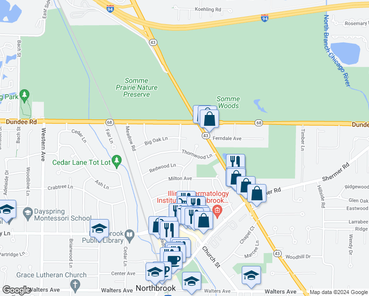 map of restaurants, bars, coffee shops, grocery stores, and more near 1896 Thornwood Lane in Northbrook