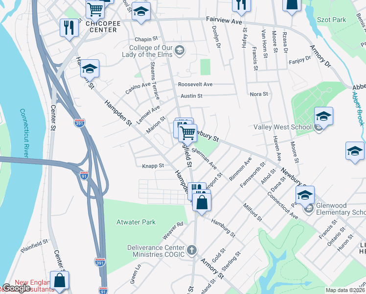 map of restaurants, bars, coffee shops, grocery stores, and more near 490 Springfield Street in Chicopee