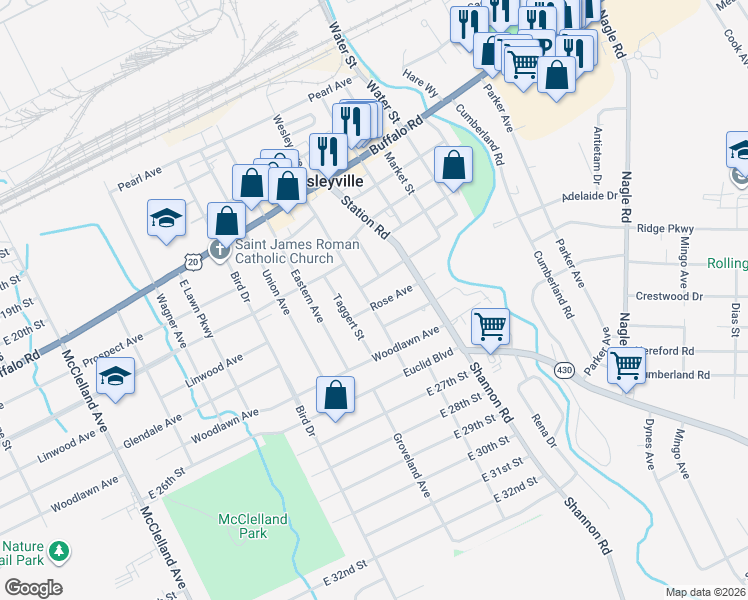 map of restaurants, bars, coffee shops, grocery stores, and more near 3104 Rose Avenue in Erie