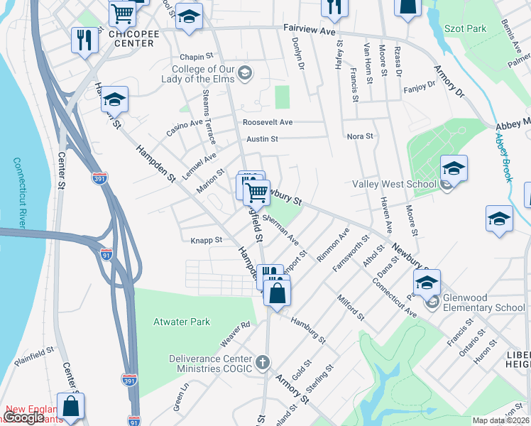 map of restaurants, bars, coffee shops, grocery stores, and more near 14 Sherman Avenue in Chicopee