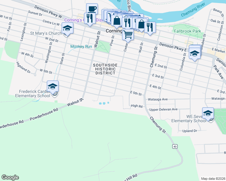 map of restaurants, bars, coffee shops, grocery stores, and more near 48 East 5th Street in Corning