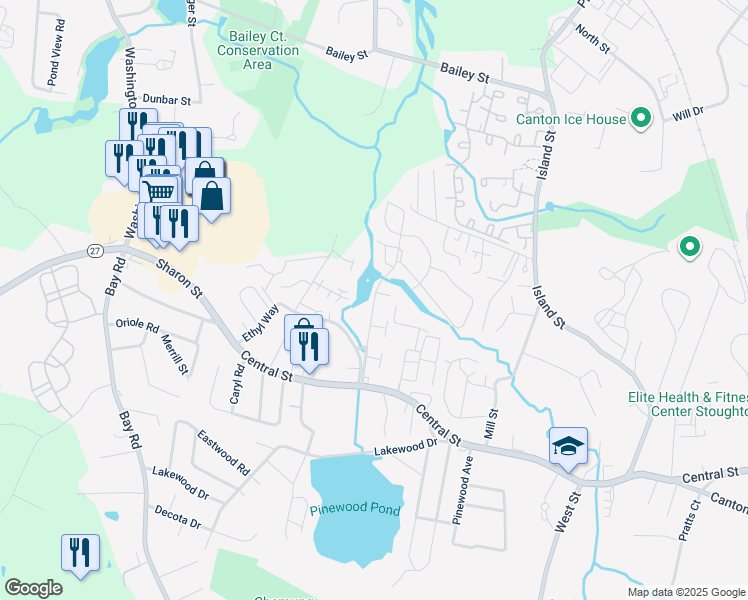 map of restaurants, bars, coffee shops, grocery stores, and more near 322 Erin Road in Stoughton