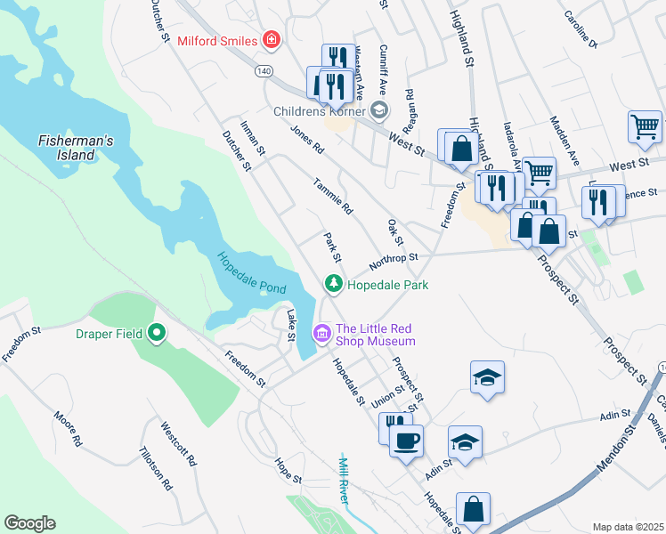 map of restaurants, bars, coffee shops, grocery stores, and more near 6 Park Street in Hopedale