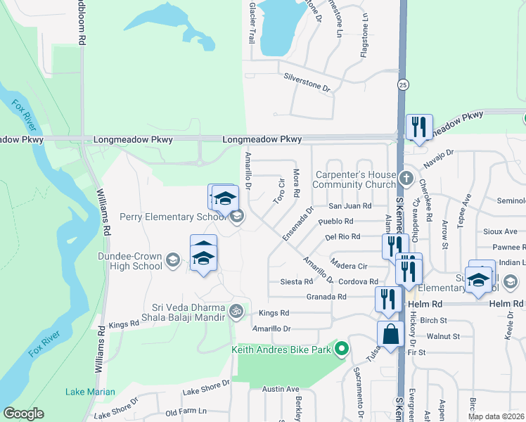 map of restaurants, bars, coffee shops, grocery stores, and more near 103 Toro Cir in Carpentersville