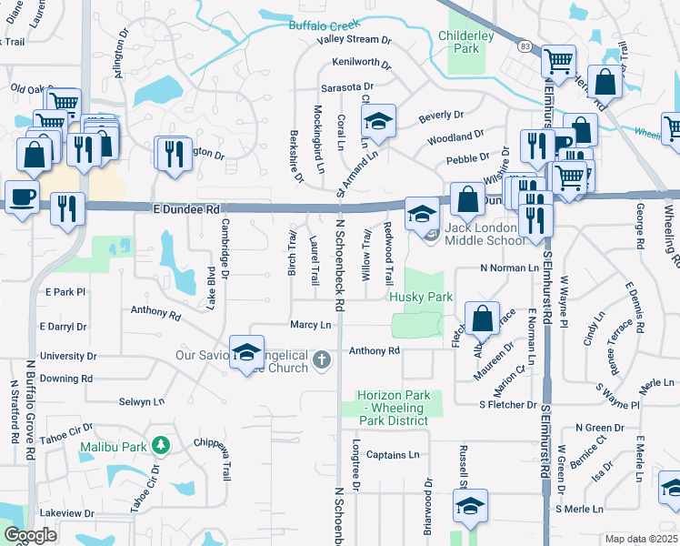 map of restaurants, bars, coffee shops, grocery stores, and more near 52 North Schoenbeck Road in Wheeling