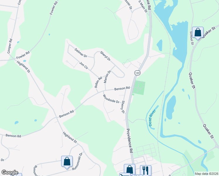 map of restaurants, bars, coffee shops, grocery stores, and more near 669 Benson Road in Northbridge
