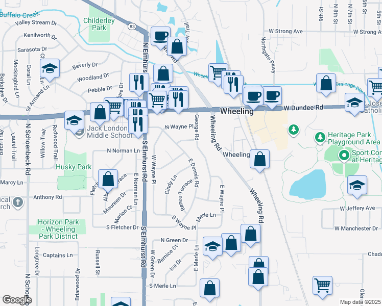 map of restaurants, bars, coffee shops, grocery stores, and more near 147 E Dennis Rd in Wheeling