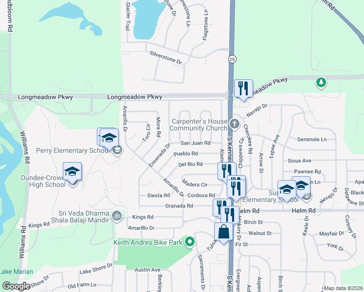 map of restaurants, bars, coffee shops, grocery stores, and more near 123 San Juan Road in Carpentersville