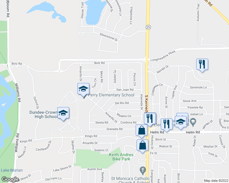 map of restaurants, bars, coffee shops, grocery stores, and more near 129 San Juan Road in Carpentersville