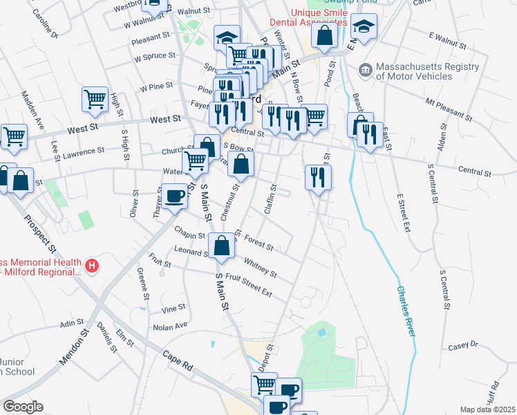 map of restaurants, bars, coffee shops, grocery stores, and more near 6 Poplar Street in Milford