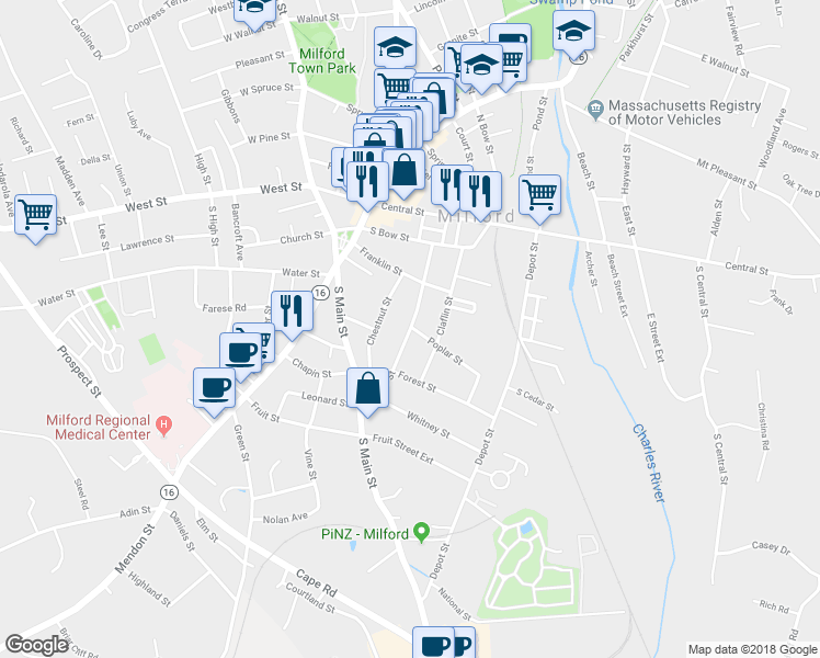 map of restaurants, bars, coffee shops, grocery stores, and more near 46 Grove Street in Milford