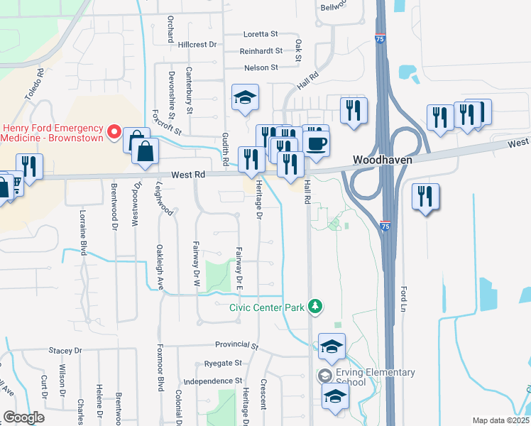 map of restaurants, bars, coffee shops, grocery stores, and more near 23251 Heritage Drive in Woodhaven