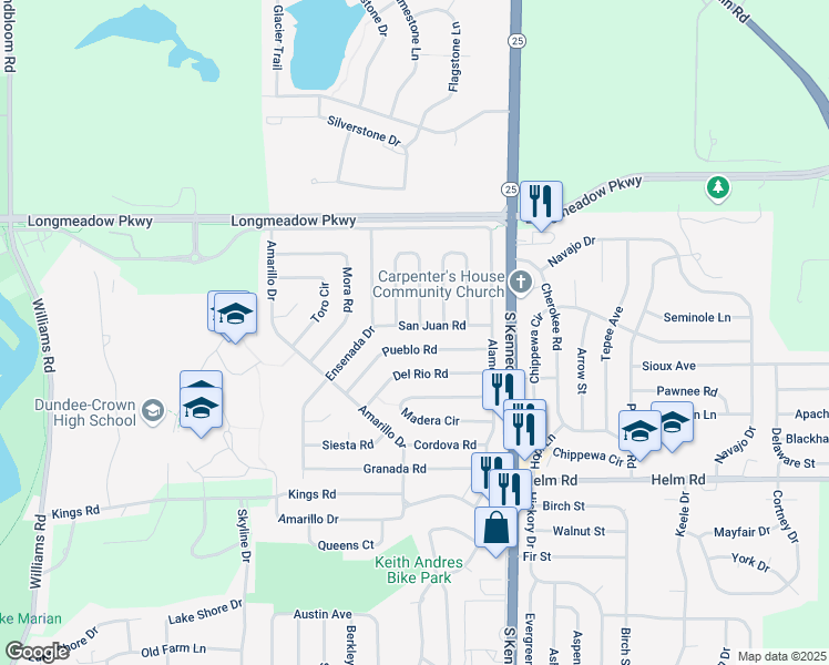 map of restaurants, bars, coffee shops, grocery stores, and more near 123 San Juan Road in Carpentersville