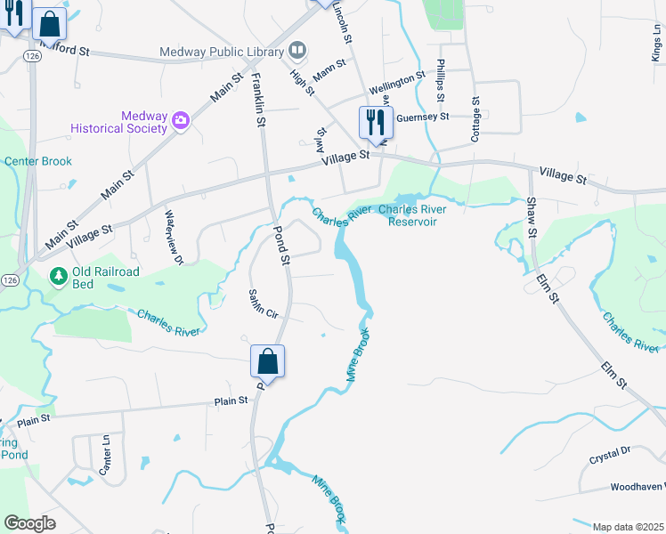 map of restaurants, bars, coffee shops, grocery stores, and more near 14 Island Rd in Franklin