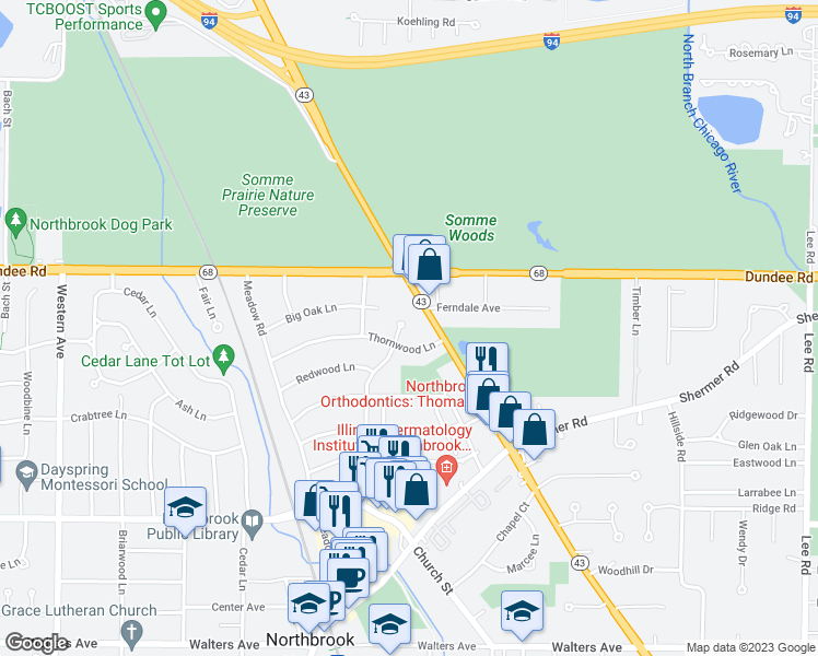 map of restaurants, bars, coffee shops, grocery stores, and more near 843 Keystone Avenue in Northbrook