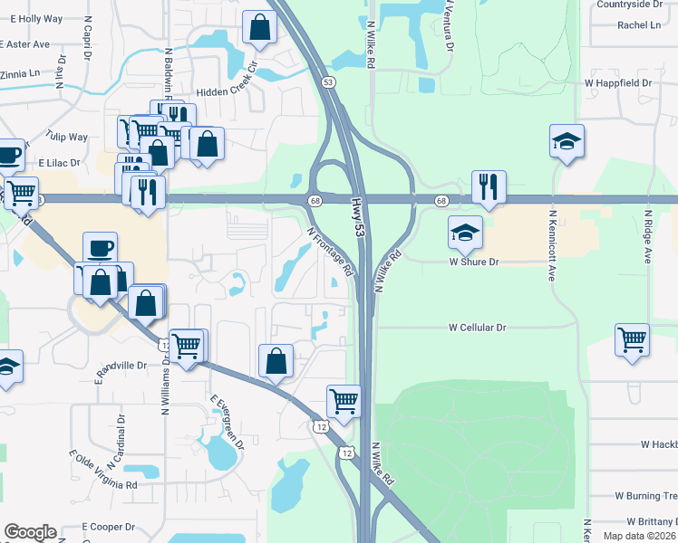 map of restaurants, bars, coffee shops, grocery stores, and more near 1444 Carol Court in Palatine