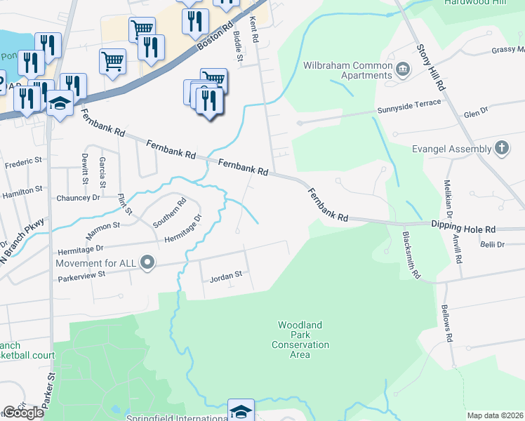 map of restaurants, bars, coffee shops, grocery stores, and more near 63 Castlegate Drive in Springfield