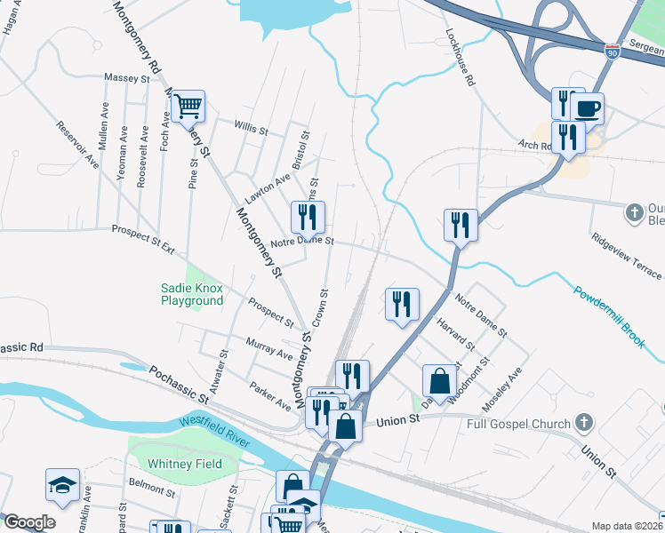 map of restaurants, bars, coffee shops, grocery stores, and more near 28 Crown Street in Westfield