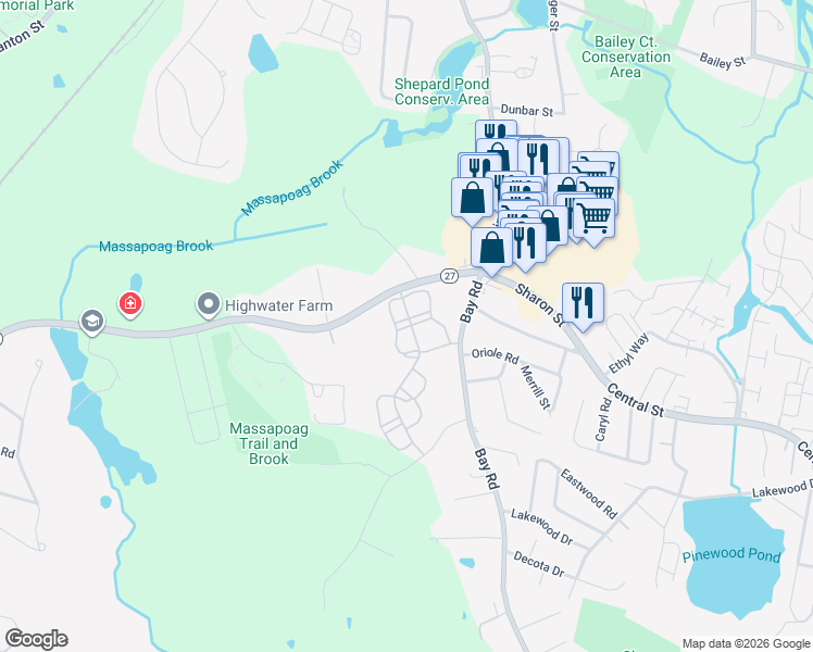 map of restaurants, bars, coffee shops, grocery stores, and more near 10 Bayberry Drive in Sharon