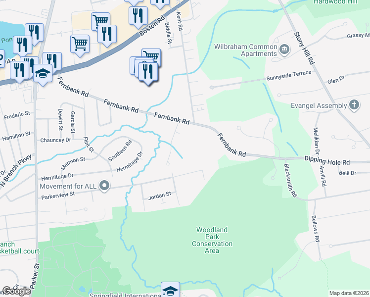 map of restaurants, bars, coffee shops, grocery stores, and more near 63 Castlegate Drive in Springfield