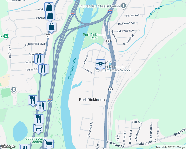 map of restaurants, bars, coffee shops, grocery stores, and more near 766 Chenango Street in Binghamton