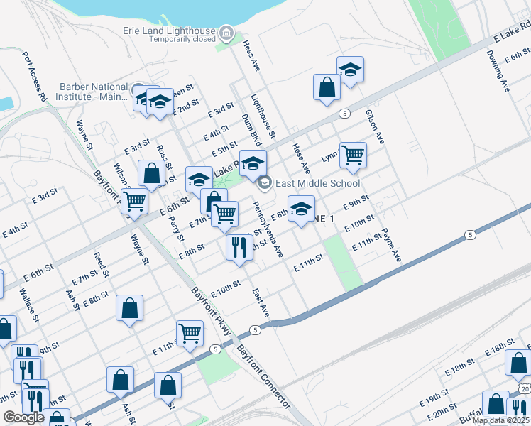 map of restaurants, bars, coffee shops, grocery stores, and more near 719-727 Pennsylvania Ave in Erie