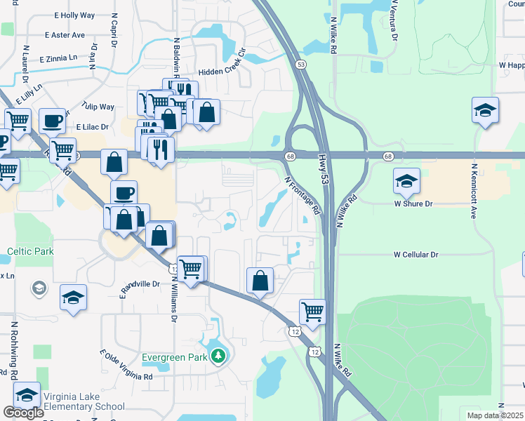 map of restaurants, bars, coffee shops, grocery stores, and more near 1397 East Wyndham Circle in Palatine