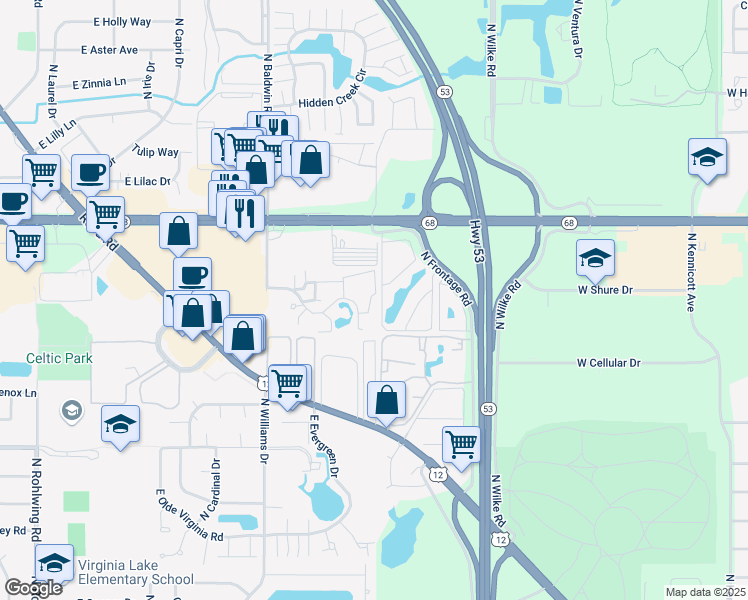 map of restaurants, bars, coffee shops, grocery stores, and more near 1393 East Wyndham Circle in Palatine