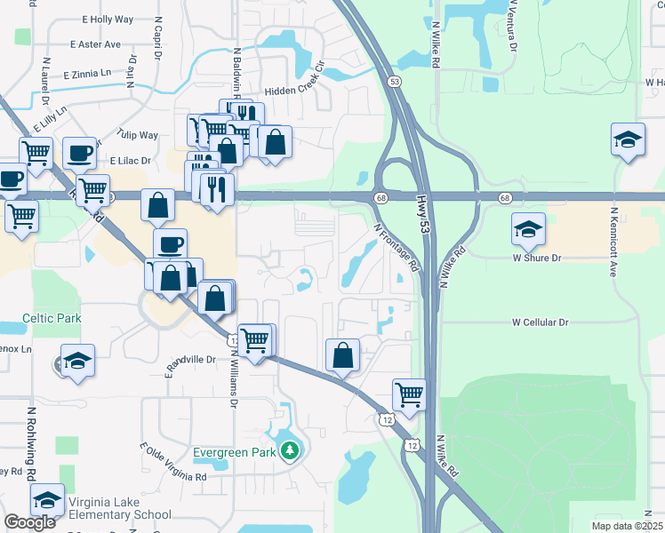 map of restaurants, bars, coffee shops, grocery stores, and more near 1393 East Wyndham Circle in Palatine