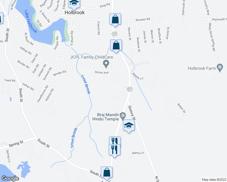 map of restaurants, bars, coffee shops, grocery stores, and more near 21 Shirley St in Holbrook