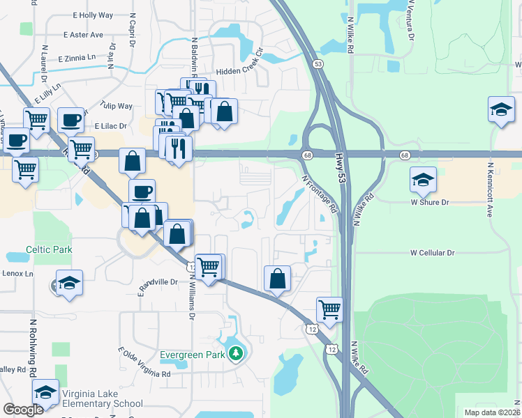 map of restaurants, bars, coffee shops, grocery stores, and more near 1384 East Wyndham Circle in Palatine