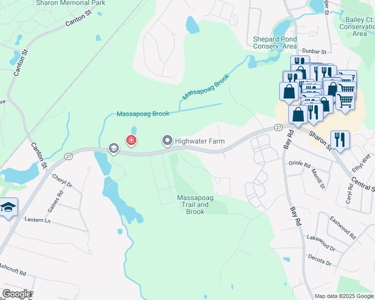 map of restaurants, bars, coffee shops, grocery stores, and more near 351 North Main Street in Sharon