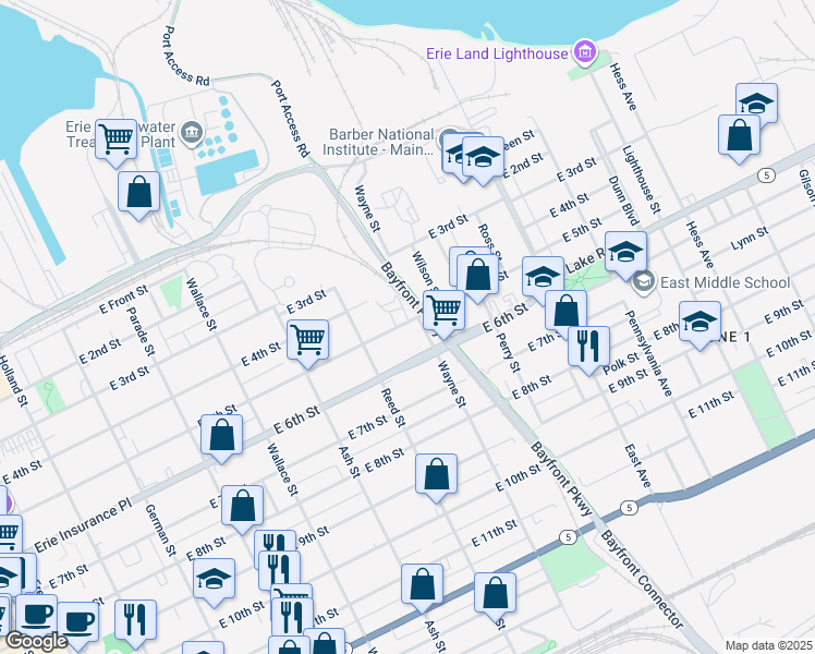 map of restaurants, bars, coffee shops, grocery stores, and more near 747 East 5th Street in Erie