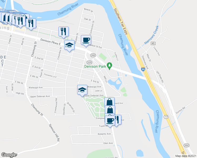 map of restaurants, bars, coffee shops, grocery stores, and more near 225 Park Avenue in Corning