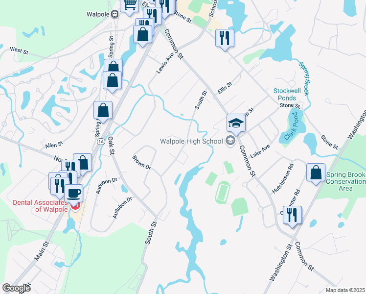 map of restaurants, bars, coffee shops, grocery stores, and more near 124 South Street in Walpole